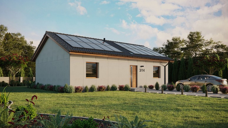 Projekt ERDOL 2 XL - Wersja prawa (salon po prawej stronie) - Dwuspadowy bez poddasza użytkowego – kąt nachylenia 25 stopni - Świetlik dachowy - Okna standardowe - Bez styropianu, siatki i kleju - Złoty dąb - Instalacja fotowoltaiczna 8,0 kWp (20 paneli)