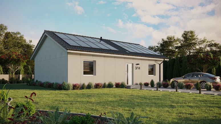 Projekt ERDOL 2 XL - Wersja prawa (salon po prawej stronie) - Dwuspadowy bez poddasza użytkowego – kąt nachylenia 25 stopni - Świetlik dachowy - Okna standardowe - Bez styropianu, siatki i kleju - Biały - Instalacja fotowoltaiczna 8,0 kWp (20 paneli)