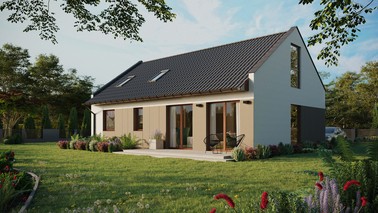 Projekt ERDOL 2 XL - Wersja lewa (salon po lewej stronie) - Dwuspadowy nowoczesny z poddaszem użytkowym – kąt nachylenia 35 stopni - Okno dachowe pokojowe i łazienkowe - Okno balkonowe w jadalni i okna na poddaszu do podłogi - Styropian, siatka i klej - Orzech - Instalacja fotowoltaiczna 8,0 kWp (20 paneli)