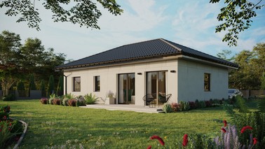 Projekt ERDOL 2 XL - Wersja lewa (salon po lewej stronie) - Czterospadowy bez poddasza użytkowego – kąt nachylenia 25 stopni - Bez okien/świetlików dachowych - Okna standardowe - Bez styropianu, siatki i kleju - Antracyt