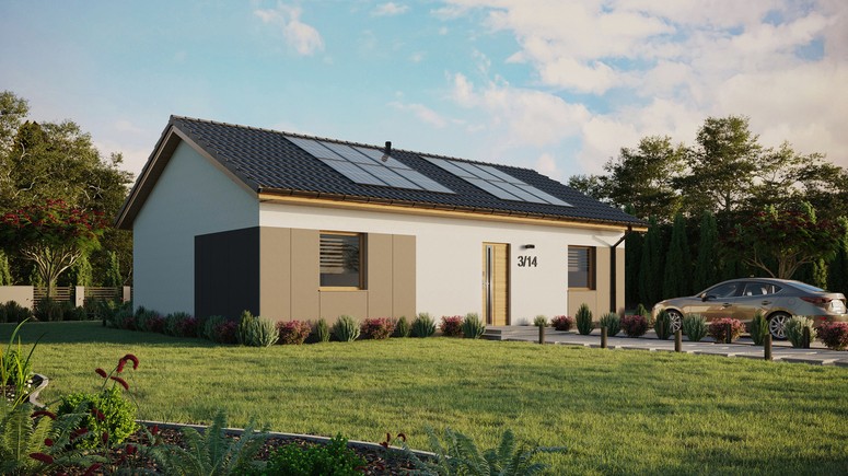 Projekt ERDOL 2 XL - Wersja prawa (salon po prawej stronie) - Dwuspadowy bez poddasza użytkowego – kąt nachylenia 25 stopni - Bez okien/świetlików dachowych - Okna standardowe - Styropian, siatka i klej - Winchester - Instalacja fotowoltaiczna 4,8 kWp (12 paneli)