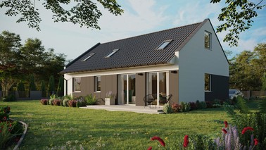 Projekt ERDOL 2 XL - Wersja lewa (salon po lewej stronie) - Dwuspadowy nowoczesny z poddaszem użytkowym – kąt nachylenia 35 stopni - Dwa okna dachowe pokojowe i okno dachowe łazienkowe - Okna standardowe - Styropian, siatka i klej - Biały - Bez instalacji fotowoltaicznej