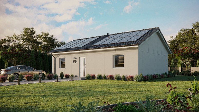 Projekt ERDOL 2 XL - Wersja lewa (salon po lewej stronie) - Dwuspadowy bez poddasza użytkowego – kąt nachylenia 25 stopni - Bez okien/świetlików dachowych - Okna standardowe - Bez styropianu, siatki i kleju - Biały - Instalacja fotowoltaiczna 8,0 kWp (20 paneli)