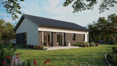 Projekt ERDOL 2 XL - Wersja prawa (salon po prawej stronie) - Dwuspadowy bez poddasza użytkowego – kąt nachylenia 25 stopni - Bez okien/świetlików dachowych - Okna standardowe - Styropian, siatka i klej - Antracyt - Bez instalacji fotowoltaicznej