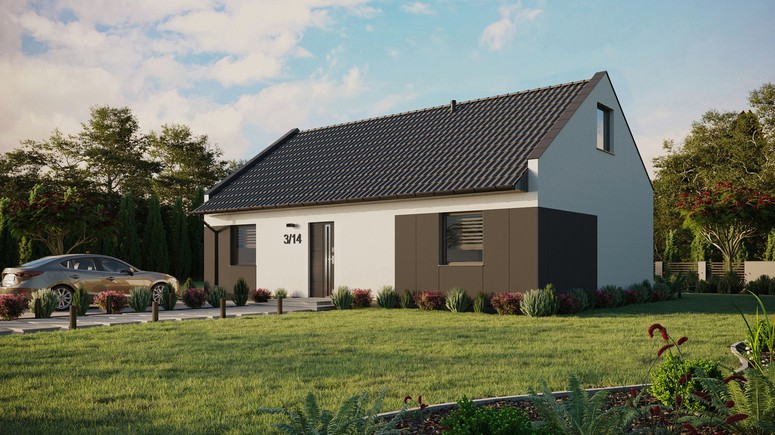 Projekt ERDOL 2 XL - Wersja lewa (salon po lewej stronie) - Dwuspadowy nowoczesny z poddaszem użytkowym – kąt nachylenia 35 stopni - Bez okien/świetlików dachowych - Okna standardowe - Styropian, siatka i klej - Antracyt - Bez instalacji fotowoltaicznej