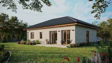 Projekt ERDOL 2 XL - Wersja lewa (salon po lewej stronie) - Czterospadowy bez poddasza użytkowego – kąt nachylenia 25 stopni - Świetlik dachowy - Okno balkonowe w jadalni - Bez styropianu, siatki i kleju - Złoty dąb