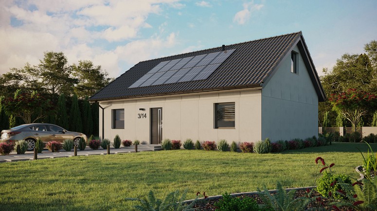 Projekt ERDOL 2 XL - Wersja lewa (salon po lewej stronie) - Dwuspadowy z poddaszem użytkowym – kąt nachylenia 35 stopni - Bez okien/świetlików dachowych - Okna standardowe - Bez styropianu, siatki i kleju - Antracyt - Instalacja fotowoltaiczna 4,8 kWp (12 paneli)