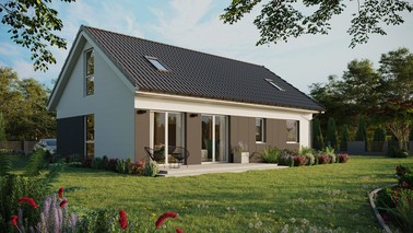 Projekt ERDOL 2 XL - Wersja prawa (salon po prawej stronie) - Dwuspadowy z poddaszem użytkowym – kąt nachylenia 35 stopni - Dwa okna dachowe pokojowe - Okno balkonowe w jadalni i okna na poddaszu do podłogi - Styropian, siatka i klej - Biały - Bez instalacji fotowoltaicznej