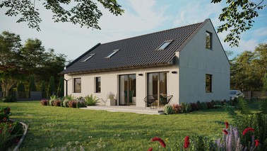 Projekt ERDOL 2 XL - Wersja lewa (salon po lewej stronie) - Dwuspadowy nowoczesny z poddaszem użytkowym – kąt nachylenia 35 stopni - Dwa okna dachowe pokojowe i okno dachowe łazienkowe - Okna standardowe - Bez styropianu, siatki i kleju - Antracyt - Bez instalacji fotowoltaicznej