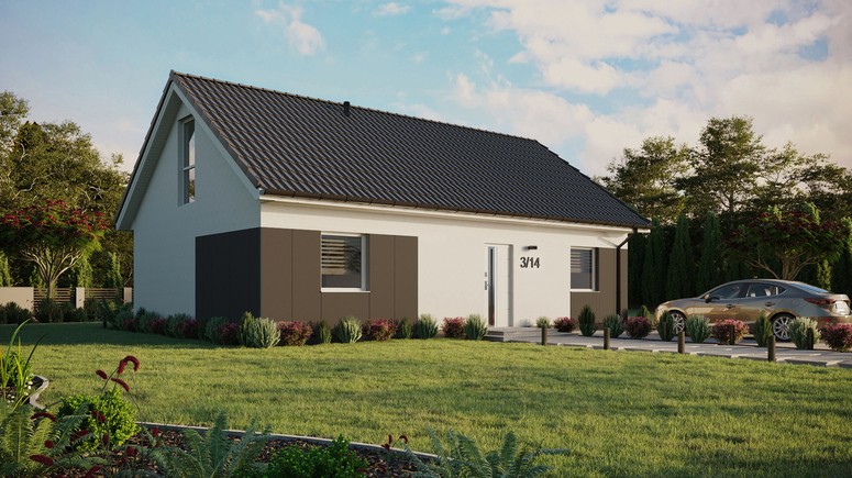 Projekt ERDOL 2 XL - Wersja prawa (salon po prawej stronie) - Dwuspadowy z poddaszem użytkowym – kąt nachylenia 35 stopni - Bez okien/świetlików dachowych - Okno balkonowe w jadalni i okna na poddaszu do podłogi - Styropian, siatka i klej - Biały - Bez instalacji fotowoltaicznej