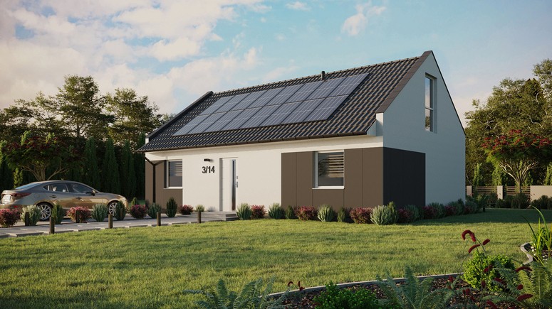 Projekt ERDOL 2 XL - Wersja lewa (salon po lewej stronie) - Dwuspadowy nowoczesny z poddaszem użytkowym – kąt nachylenia 35 stopni - Bez okien/świetlików dachowych - Okno balkonowe w jadalni i okna na poddaszu do podłogi - Styropian, siatka i klej - Biały - Instalacja fotowoltaiczna 6,4 kWp (16 paneli)