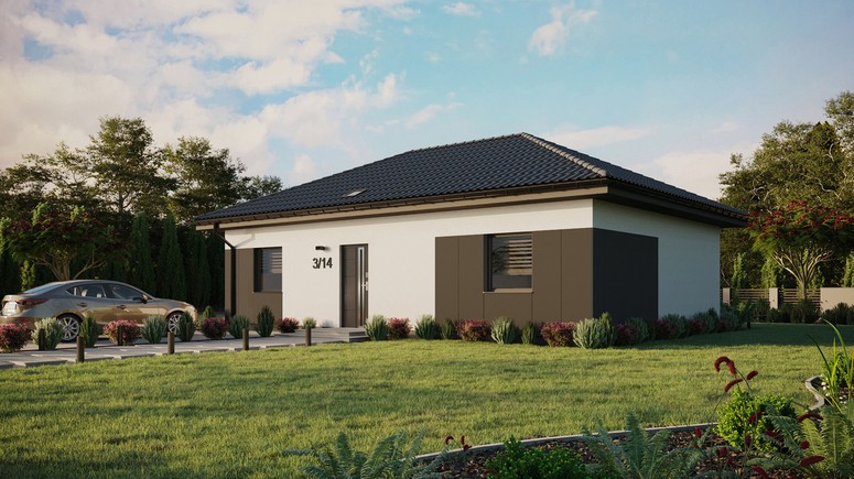 Projekt ERDOL 2 XL - Wersja lewa (salon po lewej stronie) - Czterospadowy bez poddasza użytkowego – kąt nachylenia 25 stopni - Świetlik dachowy - Okna standardowe - Styropian, siatka i klej - Antracyt