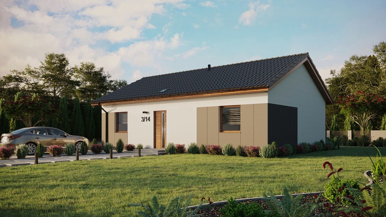 Projekt ERDOL 2 XL - Wersja lewa (salon po lewej stronie) - Dwuspadowy bez poddasza użytkowego – kąt nachylenia 25 stopni - Świetlik dachowy - Okna standardowe - Styropian, siatka i klej - Złoty dąb - Bez instalacji fotowoltaicznej