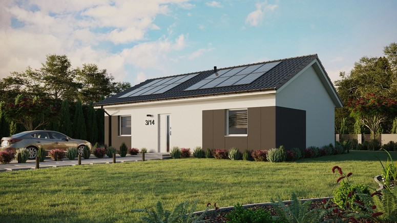 Projekt ERDOL 2 XL - Wersja lewa (salon po lewej stronie) - Dwuspadowy bez poddasza użytkowego – kąt nachylenia 25 stopni - Bez okien/świetlików dachowych - Okna standardowe - Styropian, siatka i klej - Biały - Instalacja fotowoltaiczna 6,4 kWp (16 paneli)