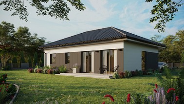 Projekt ERDOL 2 XL - Wersja lewa (salon po lewej stronie) - Czterospadowy bez poddasza użytkowego – kąt nachylenia 25 stopni - Bez okien/świetlików dachowych - Okno balkonowe w jadalni - Styropian, siatka i klej - Antracyt