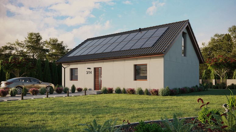 Projekt ERDOL 2 XL - Wersja lewa (salon po lewej stronie) - Dwuspadowy z poddaszem użytkowym – kąt nachylenia 35 stopni - Okno dachowe pokojowe i łazienkowe - Okno balkonowe w jadalni i okna na poddaszu do podłogi - Bez styropianu, siatki i kleju - Orzech - Instalacja fotowoltaiczna 8,0 kWp (20 paneli)