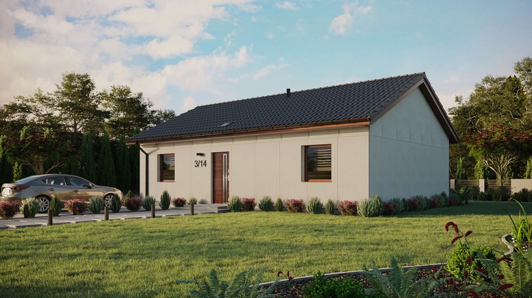 Projekt ERDOL 2 XL - Wersja lewa (salon po lewej stronie) - Dwuspadowy bez poddasza użytkowego – kąt nachylenia 25 stopni - Świetlik dachowy - Okna standardowe - Bez styropianu, siatki i kleju - Orzech - Bez instalacji fotowoltaicznej