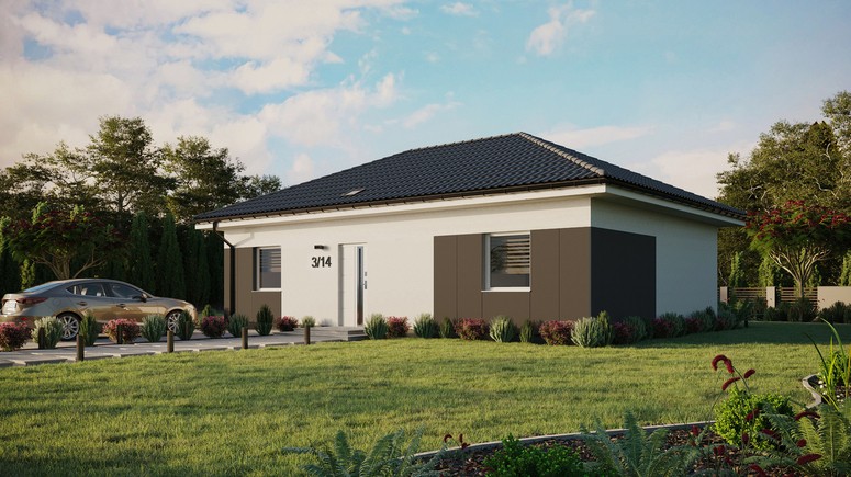 Projekt ERDOL 2 XL - Wersja lewa (salon po lewej stronie) - Czterospadowy bez poddasza użytkowego – kąt nachylenia 25 stopni - Świetlik dachowy - Okna standardowe - Styropian, siatka i klej - Biały