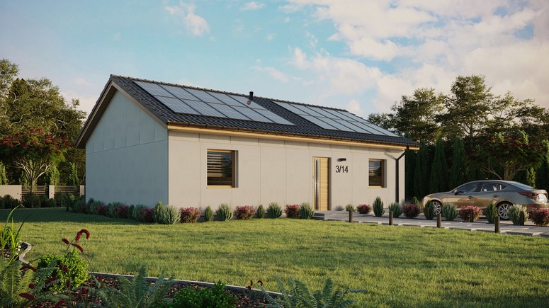 Projekt ERDOL 2 XL - Wersja prawa (salon po prawej stronie) - Dwuspadowy bez poddasza użytkowego – kąt nachylenia 25 stopni - Bez okien/świetlików dachowych - Okna standardowe - Bez styropianu, siatki i kleju - Winchester - Instalacja fotowoltaiczna 8,0 kWp (20 paneli)