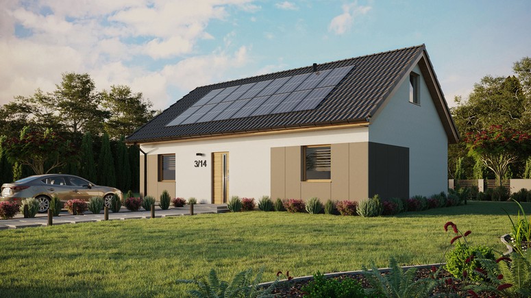 Projekt ERDOL 2 XL - Wersja lewa (salon po lewej stronie) - Dwuspadowy z poddaszem użytkowym – kąt nachylenia 35 stopni - Bez okien/świetlików dachowych - Okna standardowe - Styropian, siatka i klej - Winchester - Instalacja fotowoltaiczna 6,4 kWp (16 paneli)