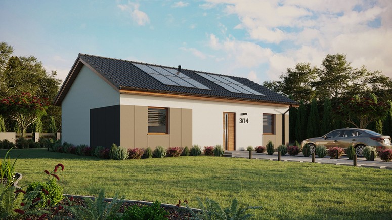 Projekt ERDOL 2 XL - Wersja prawa (salon po prawej stronie) - Dwuspadowy bez poddasza użytkowego – kąt nachylenia 25 stopni - Bez okien/świetlików dachowych - Okna standardowe - Styropian, siatka i klej - Złoty dąb - Instalacja fotowoltaiczna 4,8 kWp (12 paneli)