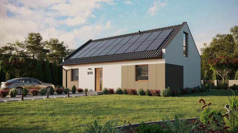 Projekt ERDOL 2 XL - Wersja lewa (salon po lewej stronie) - Dwuspadowy nowoczesny z poddaszem użytkowym – kąt nachylenia 35 stopni - Dwa okna dachowe pokojowe i okno dachowe łazienkowe - Okna na poddaszu do podłogi - Styropian, siatka i klej - Złoty dąb - Instalacja fotowoltaiczna 8,0 kWp (20 paneli)