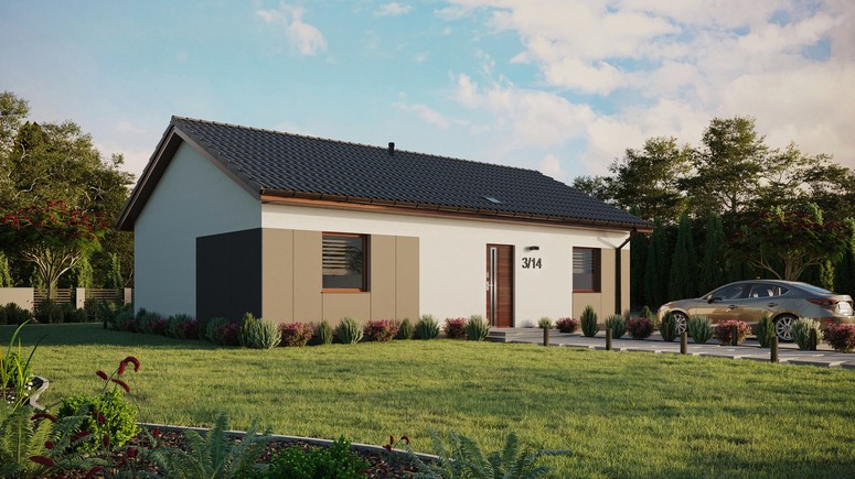 Projekt ERDOL 2 XL - Wersja prawa (salon po prawej stronie) - Dwuspadowy bez poddasza użytkowego – kąt nachylenia 25 stopni - Świetlik dachowy - Okno balkonowe w jadalni - Styropian, siatka i klej - Orzech - Bez instalacji fotowoltaicznej