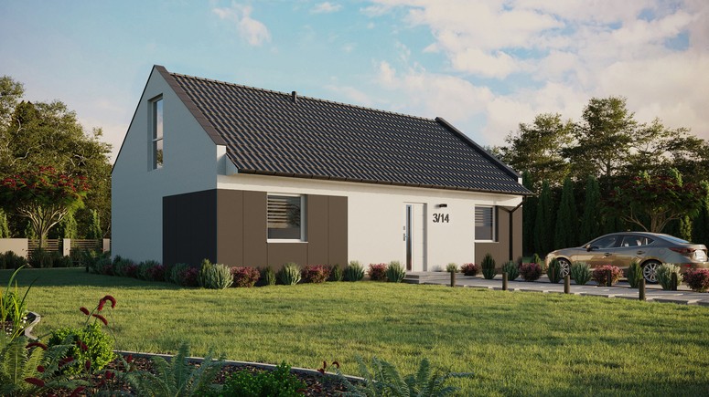 Projekt ERDOL 2 XL - Wersja prawa (salon po prawej stronie) - Dwuspadowy nowoczesny z poddaszem użytkowym – kąt nachylenia 35 stopni - Bez okien/świetlików dachowych - Okno balkonowe w jadalni i okna na poddaszu do podłogi - Styropian, siatka i klej - Biały - Bez instalacji fotowoltaicznej