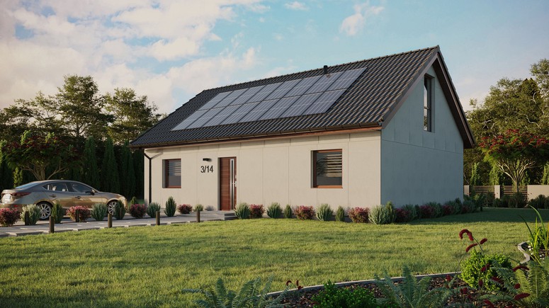 Projekt ERDOL 2 XL - Wersja lewa (salon po lewej stronie) - Dwuspadowy z poddaszem użytkowym – kąt nachylenia 35 stopni - Dwa okna dachowe pokojowe - Okna na poddaszu do podłogi - Bez styropianu, siatki i kleju - Orzech - Instalacja fotowoltaiczna 6,4 kWp (16 paneli)