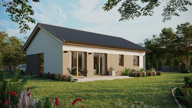 Projekt ERDOL 2 XL - Wersja prawa (salon po prawej stronie) - Dwuspadowy bez poddasza użytkowego – kąt nachylenia 25 stopni - Bez okien/świetlików dachowych - Okno balkonowe w jadalni - Styropian, siatka i klej - Winchester - Bez instalacji fotowoltaicznej