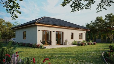 Projekt ERDOL 2 XL - Wersja prawa (salon po prawej stronie) - Czterospadowy bez poddasza użytkowego – kąt nachylenia 25 stopni - Bez okien/świetlików dachowych - Okna standardowe - Bez styropianu, siatki i kleju - Złoty dąb