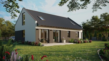 Projekt ERDOL 2 XL - Wersja prawa (salon po prawej stronie) - Dwuspadowy nowoczesny z poddaszem użytkowym – kąt nachylenia 35 stopni - Dwa okna dachowe pokojowe - Okna na poddaszu do podłogi - Styropian, siatka i klej - Antracyt - Instalacja fotowoltaiczna 8,0 kWp (20 paneli)