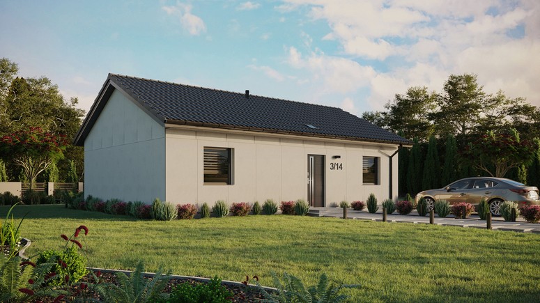 Projekt ERDOL 2 XL - Wersja prawa (salon po prawej stronie) - Dwuspadowy bez poddasza użytkowego – kąt nachylenia 25 stopni - Świetlik dachowy - Okna standardowe - Bez styropianu, siatki i kleju - Antracyt - Instalacja fotowoltaiczna 8,0 kWp (20 paneli)