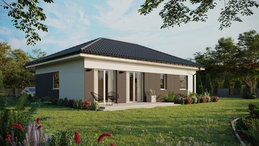 Projekt ERDOL 2 XL - Wersja prawa (salon po prawej stronie) - Czterospadowy bez poddasza użytkowego – kąt nachylenia 25 stopni - Bez okien/świetlików dachowych - Okna standardowe - Styropian, siatka i klej - Biały