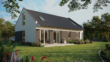 Projekt ERDOL 2 XL - Wersja prawa (salon po prawej stronie) - Dwuspadowy nowoczesny z poddaszem użytkowym – kąt nachylenia 35 stopni - Dwa okna dachowe pokojowe - Okno balkonowe w jadalni i okna na poddaszu do podłogi - Styropian, siatka i klej - Biały - Bez instalacji fotowoltaicznej