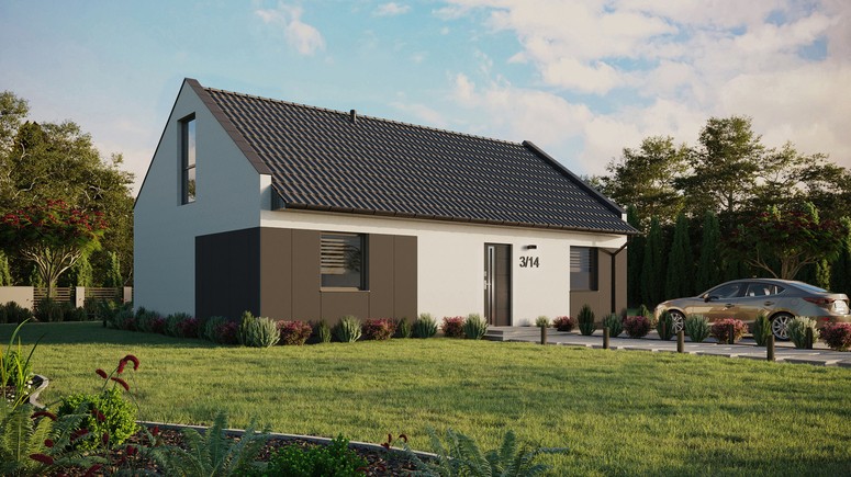 Projekt ERDOL 2 XL - Wersja prawa (salon po prawej stronie) - Dwuspadowy nowoczesny z poddaszem użytkowym – kąt nachylenia 35 stopni - Bez okien/świetlików dachowych - Okno balkonowe w jadalni i okna na poddaszu do podłogi - Styropian, siatka i klej - Antracyt - Bez instalacji fotowoltaicznej