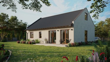 Projekt ERDOL 2 XL - Wersja lewa (salon po lewej stronie) - Dwuspadowy nowoczesny z poddaszem użytkowym – kąt nachylenia 35 stopni - Bez okien/świetlików dachowych - Okno balkonowe w jadalni - Bez styropianu, siatki i kleju - Orzech - Instalacja fotowoltaiczna 8,0 kWp (20 paneli)