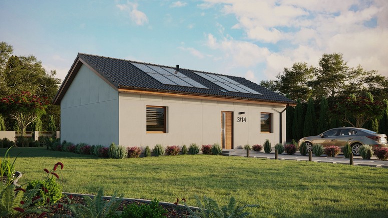 Projekt ERDOL 2 XL - Wersja prawa (salon po prawej stronie) - Dwuspadowy bez poddasza użytkowego – kąt nachylenia 25 stopni - Świetlik dachowy - Okno balkonowe w jadalni - Bez styropianu, siatki i kleju - Złoty dąb - Instalacja fotowoltaiczna 4,8 kWp (12 paneli)