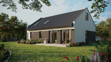 Projekt ERDOL 2 XL - Wersja lewa (salon po lewej stronie) - Dwuspadowy nowoczesny z poddaszem użytkowym – kąt nachylenia 35 stopni - Okno dachowe pokojowe i łazienkowe - Okna standardowe - Styropian, siatka i klej - Antracyt - Bez instalacji fotowoltaicznej