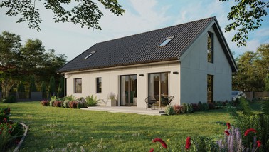 Projekt ERDOL 2 XL - Wersja lewa (salon po lewej stronie) - Dwuspadowy z poddaszem użytkowym – kąt nachylenia 35 stopni - Dwa okna dachowe pokojowe - Okno balkonowe w jadalni i okna na poddaszu do podłogi - Bez styropianu, siatki i kleju - Antracyt - Bez instalacji fotowoltaicznej