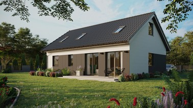 Projekt ERDOL 2 XL - Wersja lewa (salon po lewej stronie) - Dwuspadowy z poddaszem użytkowym – kąt nachylenia 35 stopni - Dwa okna dachowe pokojowe i okno dachowe łazienkowe - Okna standardowe - Styropian, siatka i klej - Antracyt - Bez instalacji fotowoltaicznej