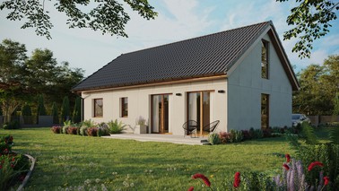 Projekt ERDOL 2 XL - Wersja lewa (salon po lewej stronie) - Dwuspadowy z poddaszem użytkowym – kąt nachylenia 35 stopni - Bez okien/świetlików dachowych - Okno balkonowe w jadalni i okna na poddaszu do podłogi - Bez styropianu, siatki i kleju - Złoty dąb - Instalacja fotowoltaiczna 8,0 kWp (20 paneli)