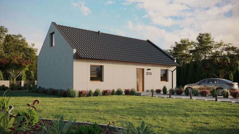 Projekt ERDOL 2 XL - Wersja prawa (salon po prawej stronie) - Dwuspadowy nowoczesny z poddaszem użytkowym – kąt nachylenia 35 stopni - Bez okien/świetlików dachowych - Okna standardowe - Bez styropianu, siatki i kleju - Złoty dąb - Bez instalacji fotowoltaicznej