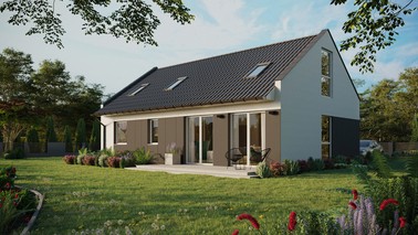 Projekt ERDOL 2 XL - Wersja lewa (salon po lewej stronie) - Dwuspadowy nowoczesny z poddaszem użytkowym – kąt nachylenia 35 stopni - Dwa okna dachowe pokojowe i okno dachowe łazienkowe - Okno balkonowe w jadalni i okna na poddaszu do podłogi - Styropian, siatka i klej - Biały - Bez instalacji fotowoltaicznej