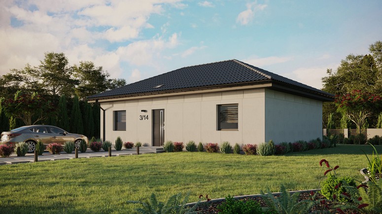 Projekt ERDOL 2 XL - Wersja lewa (salon po lewej stronie) - Czterospadowy bez poddasza użytkowego – kąt nachylenia 25 stopni - Świetlik dachowy - Okno balkonowe w jadalni - Bez styropianu, siatki i kleju - Antracyt