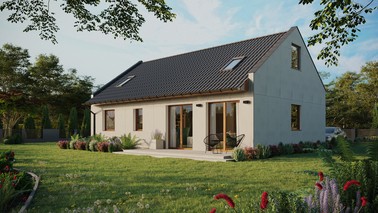 Projekt ERDOL 2 XL - Wersja lewa (salon po lewej stronie) - Dwuspadowy nowoczesny z poddaszem użytkowym – kąt nachylenia 35 stopni - Dwa okna dachowe pokojowe - Okna standardowe - Bez styropianu, siatki i kleju - Złoty dąb - Instalacja fotowoltaiczna 4,8 kWp (12 paneli)