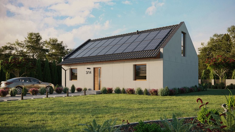 Projekt ERDOL 2 XL - Wersja lewa (salon po lewej stronie) - Dwuspadowy nowoczesny z poddaszem użytkowym – kąt nachylenia 35 stopni - Bez okien/świetlików dachowych - Okno balkonowe w jadalni i okna na poddaszu do podłogi - Bez styropianu, siatki i kleju - Złoty dąb - Instalacja fotowoltaiczna 8,0 kWp (20 paneli)