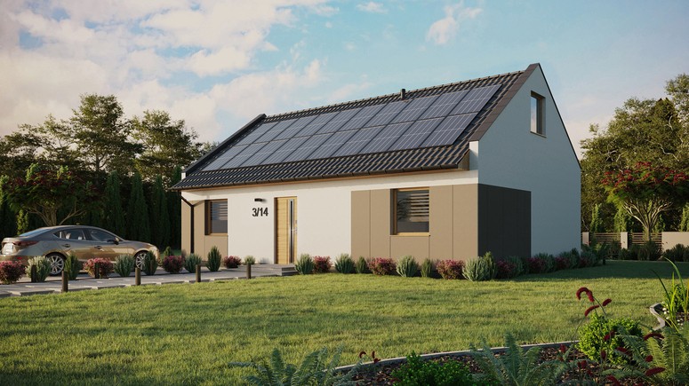 Projekt ERDOL 2 XL - Wersja lewa (salon po lewej stronie) - Dwuspadowy nowoczesny z poddaszem użytkowym – kąt nachylenia 35 stopni - Dwa okna dachowe pokojowe i okno dachowe łazienkowe - Okna standardowe - Styropian, siatka i klej - Winchester - Instalacja fotowoltaiczna 8,0 kWp (20 paneli)