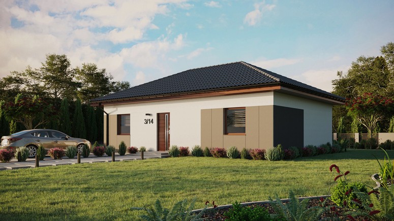 Projekt ERDOL 2 XL - Wersja lewa (salon po lewej stronie) - Czterospadowy bez poddasza użytkowego – kąt nachylenia 25 stopni - Bez okien/świetlików dachowych - Okna standardowe - Styropian, siatka i klej - Orzech