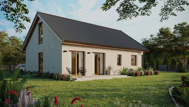 Projekt ERDOL 2 XL - Wersja prawa (salon po prawej stronie) - Dwuspadowy z poddaszem użytkowym – kąt nachylenia 35 stopni - Bez okien/świetlików dachowych - Okno balkonowe w jadalni i okna na poddaszu do podłogi - Bez styropianu, siatki i kleju - Złoty dąb - Bez instalacji fotowoltaicznej